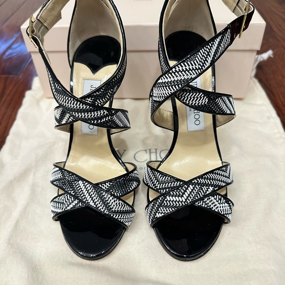 Jimmy Choo Lottie Patent Leather & Raffia Heels Black Size 38 - Picture 2 of 10